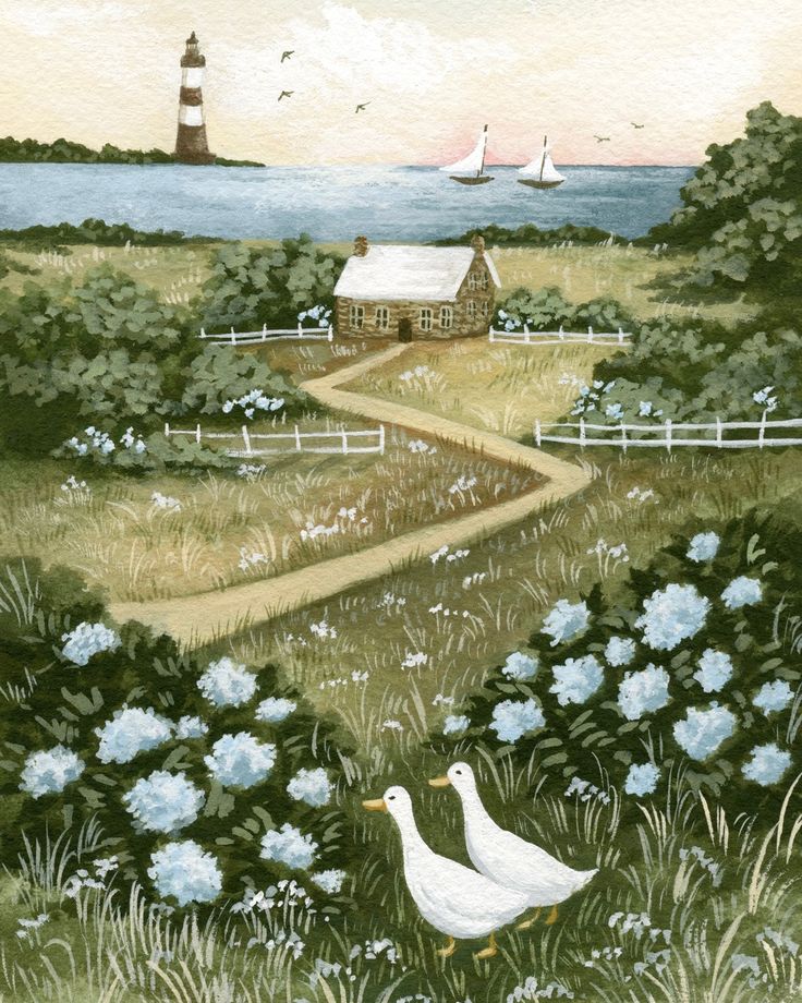 two white geese walking in the grass near a lighthouse