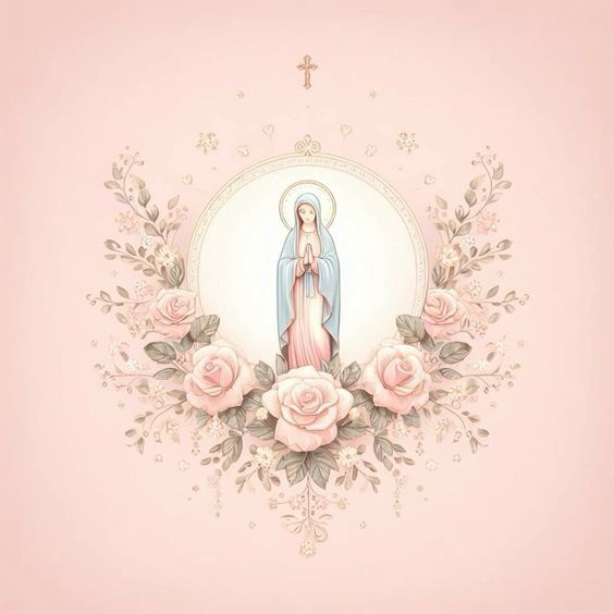 an image of the virgin mary surrounded by roses on a light pink background with white border