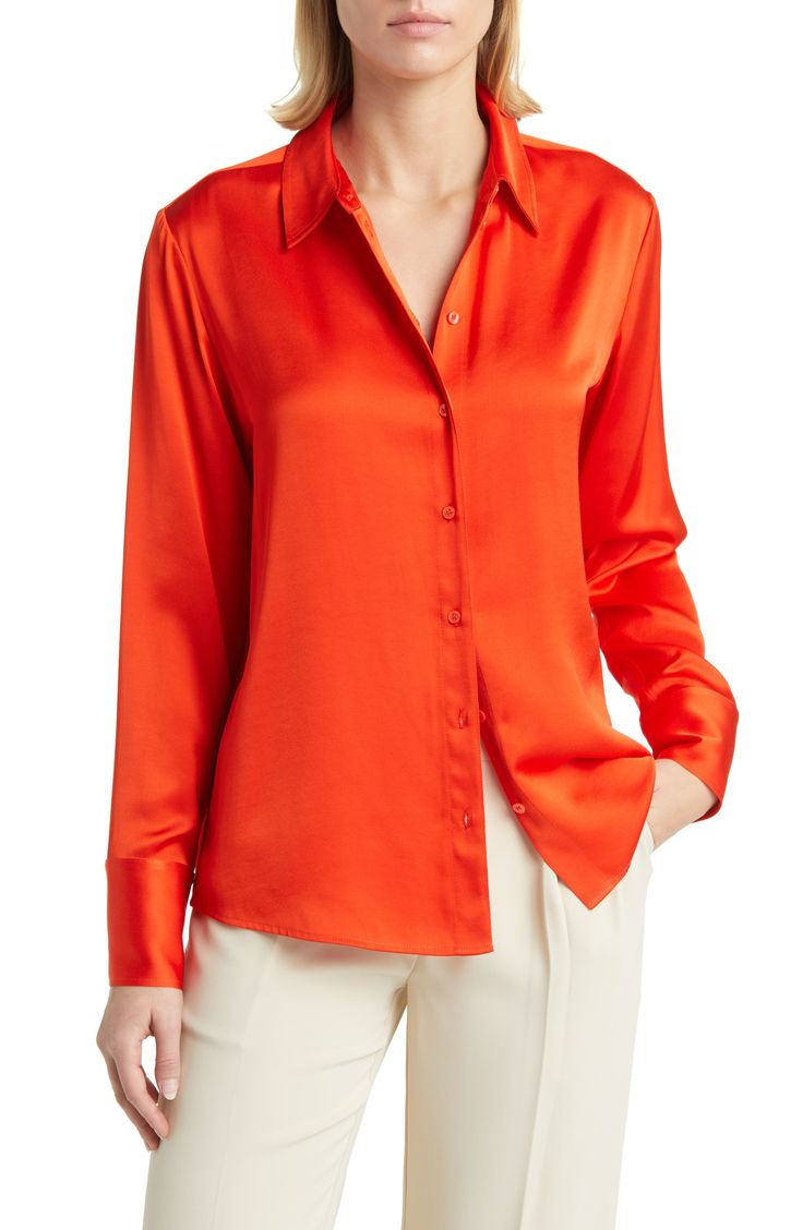 Nordstrom Satin Shirt | Nordstrom Red Silk Blouse, Blouse Nordstrom, Orange Top, Satin Shirt, Wide Cuff, Red Silk, Colourful Outfits, Polished Look, Silk Top