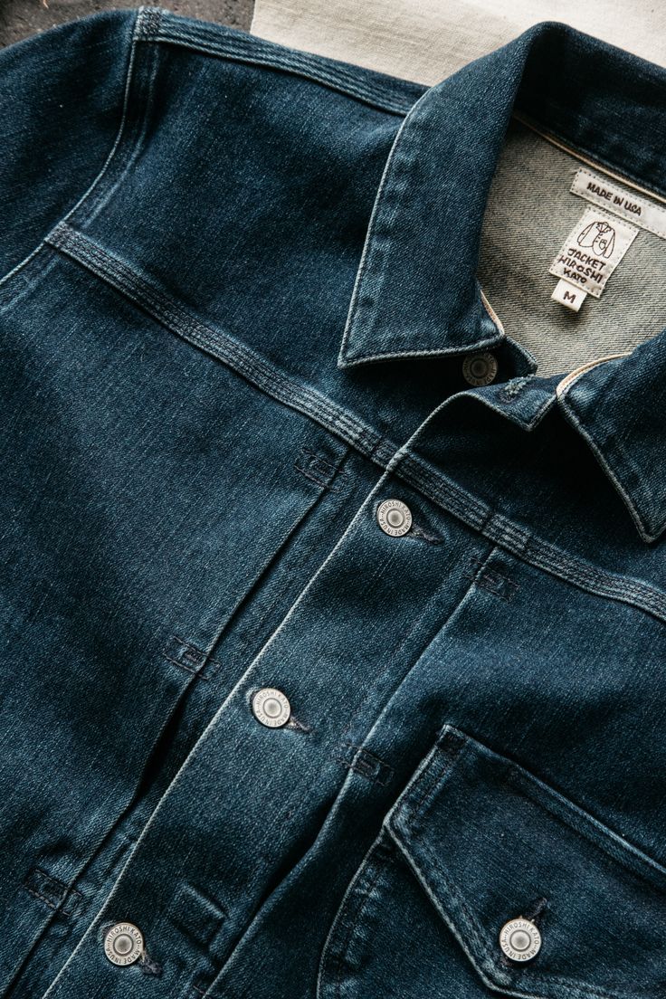 Japanese Denim. American Built. Recycled Denim Dark Wash Jacket With Patch Pockets, Recycled Denim Jacket With Patch Pockets In Dark Wash, Unstructured Denim Blue Denim Jacket, Unstructured Denim Jacket, Unstructured Dark Wash Denim Jacket, Classic Denim Jacket With Pockets In Recycled Denim, Classic Indigo Denim Jacket, Unstructured Denim Blue Cotton Denim Jacket, Classic Cotton Denim Jacket With Welt Pockets