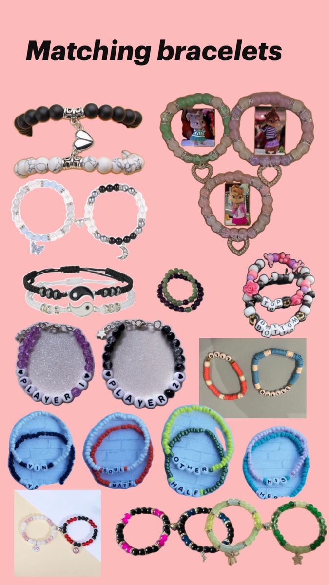 a bunch of bracelets that are sitting on a pink background with the words matching bracelets