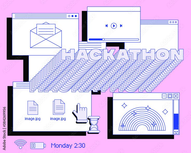 a pink background with black and white graphic elements that say hackathon on it