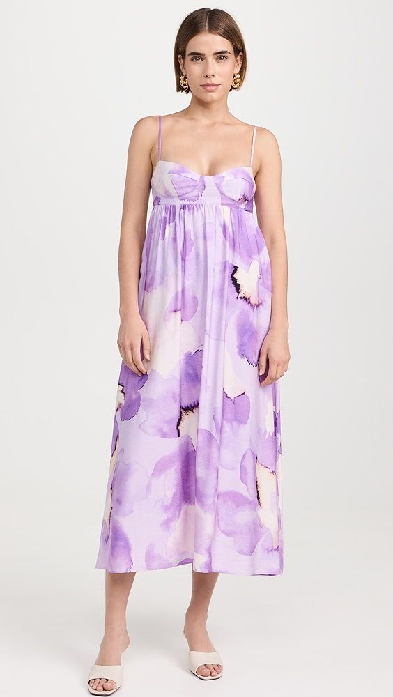 BARDOT Lenora Printed Midi Dress | Shopbop Summer Silk Dresses With Smocked Bodice, Silk Dresses With Smocked Bodice For Summer, Spring Silk Dress With Smocked Bodice, Spring Silk Dress With Smocked Back, Summer Dresses With Lined Bodice In Purple, Summer Purple Dress With Lined Bodice, Purple Silk Maxi Dress For Summer, Spring Maxi Dress With Lined Bodice And Straight Neckline, Silk Day Dresses With Adjustable Straps