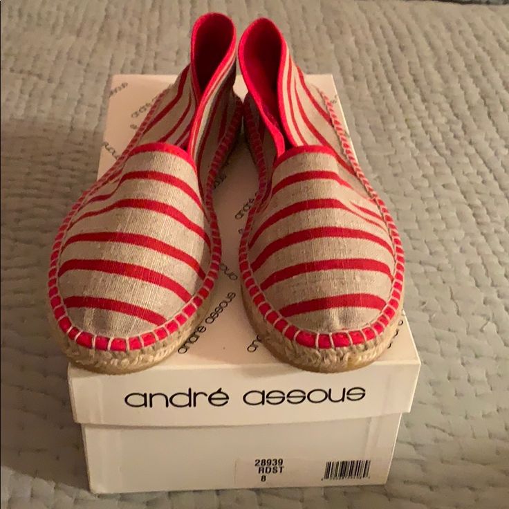 Andre Assous’ Canvas Terri Espadrilles In A Bright Cherry Red And Tan Striped Canvas. Handmade In Spain, Andre Assous Espadrilles Are Known To Be Comfy And Worth Their Weight In Jute! Red Flat Espadrilles With Woven Sole, Red Espadrilles With Rubber Sole For Spring, Red Closed Toe Espadrilles, Red Slip-on Espadrilles With Rubber Sole, Red Round Toe Espadrilles For Summer, Casual Red Closed Toe Espadrilles, Red Espadrilles With Woven Sole For Beach, Red Espadrilles With Woven Sole For Vacation, Red Flat Espadrilles For Beach