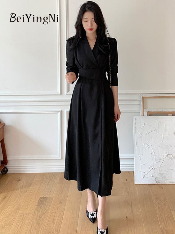 Very pretty. Taken size for my 7 year old daughter 1m35 for 33kg. Korean Fashion Dress Classy Women, Dress Outfits Korean Style, Korean Elegant Outfit, Suit Dresses For Women, Classy Black Outfits For Women, Simple Elegant Outfits, Long Dress Korea, Korean Dress Elegant, Korean Fashion Dress Elegant