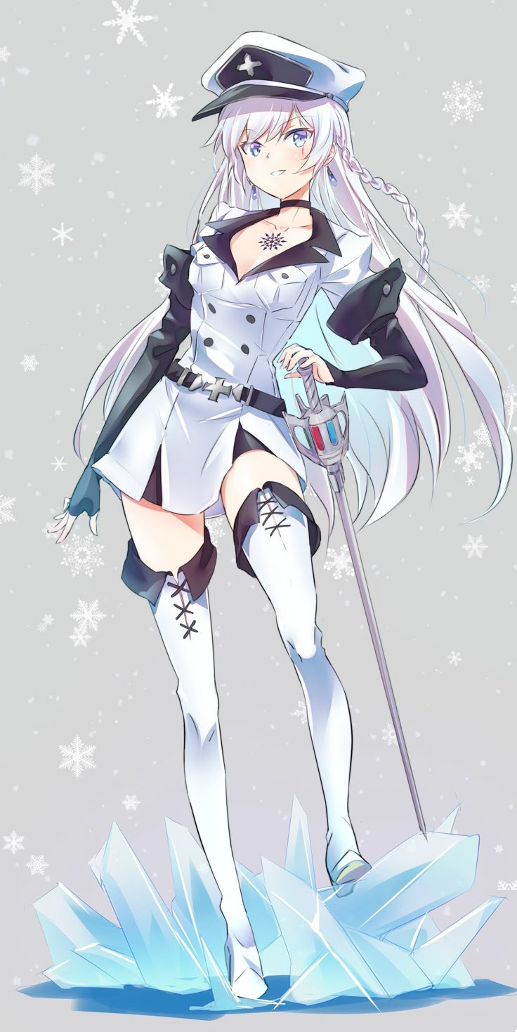 an anime character with white hair and blue eyes is standing in front of snowflakes