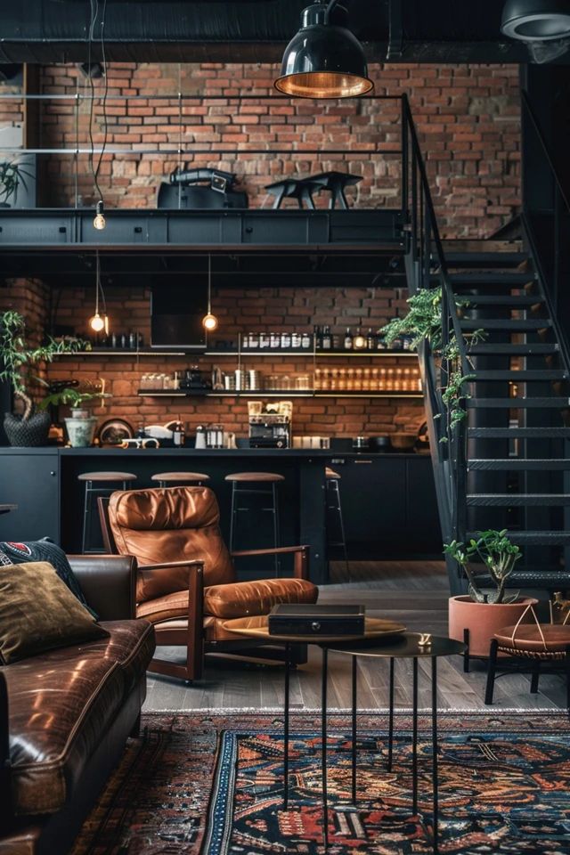 a living room filled with furniture next to a brick wall covered in lots of plants