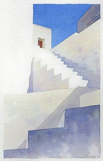 an image of stairs going up to the sky with red dots on them and white walls