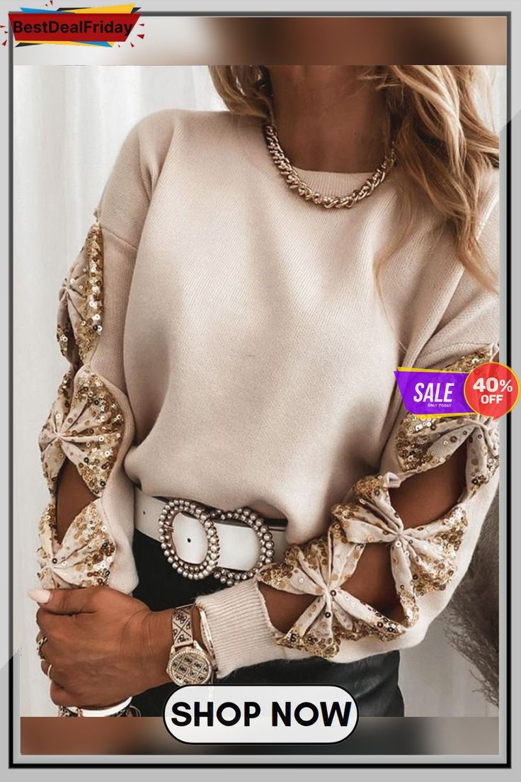 Sequin Bowknot Cut-out Long Sleeve Sweater P14561 Cutout Sweater, Sequin Sleeve, Long Sleeve Sequin, Long Sleeve Tops Casual, Womens Tops Summer, Round Neck Sweaters, Spring Shirts, Trend Fashion, 가을 패션