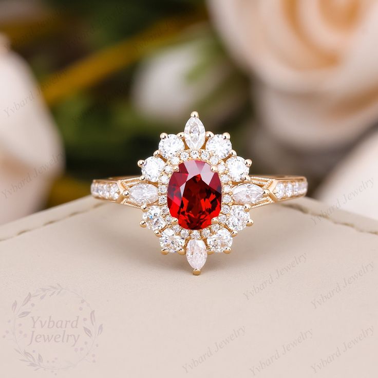 "Please confirm your US size when you make an order) ❤Jewelry Details -Gold Type:  Solid 10K Gold / Solid 14K Gold / Solid 18K Gold  / Platinum (Choose One in Material Option) - Center Stone: Lab Created Ruby  5*6.5mm, Approximately 0.8ct Color: 5A Clarity: VVS Cut: Oval Cut / 3EX - Side Stones: Moissanite Moissanite Total Carat Weight: Approximately 0.86ct Color: DEF Clarity: VVS1 Cut: Round Cut, Marquise Cut Band Width: Approximately 1.6mm SKU: YR0806-3 ~*-*~Purchase Guarantee: - All our jewelry is handmade, and each process is refined. - 14 Day Refund Guarantee. - All our products are Free Shipping. - Free Gift Box&Packing. ~*-*~Please contact us if you need service: 1. Ring Resizing. 2. Metal Change(PT950/10k/14k/18k White/Yellow/Rose Gold). 3. Engraving ring (less than 10 letter). 4. Anniversary Ruby Ring With Moissanite In Round Cut, Anniversary Ruby Ring With Round Cut Moissanite, Anniversary Ruby Ring With Moissanite Center Stone, Ruby Moissanite Ring With Center Stone For Anniversary, Red Moissanite Round Cut Jewelry, Red Brilliant Cut Rings For Wedding, Red Round Cut Moissanite Jewelry, Red Brilliant Cut Wedding Rings, Red Ruby Ring With Halo Design In Cubic Zirconia