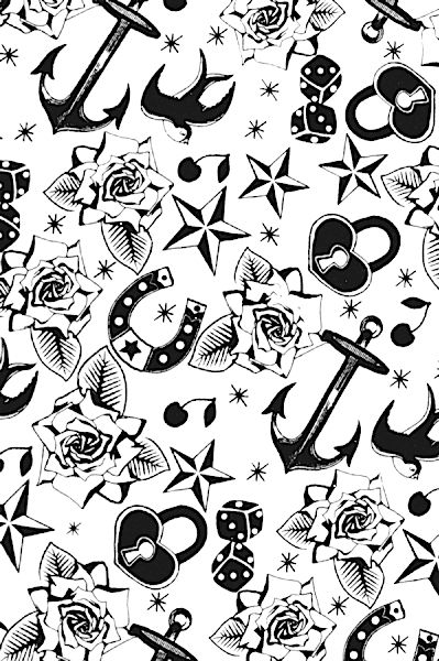 black and white drawing of an anchor, heart, stars and other items on a white background