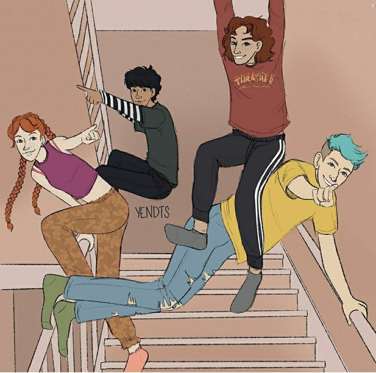 four people jumping up and down stairs with their arms in the air, one person is holding