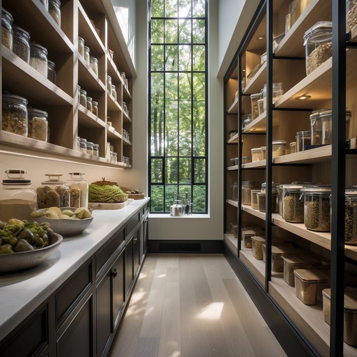 a kitchen filled with lots of open shelves next to a window and counter top covered in food