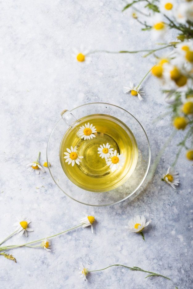 a glass cup filled with green tea surrounded by daisies