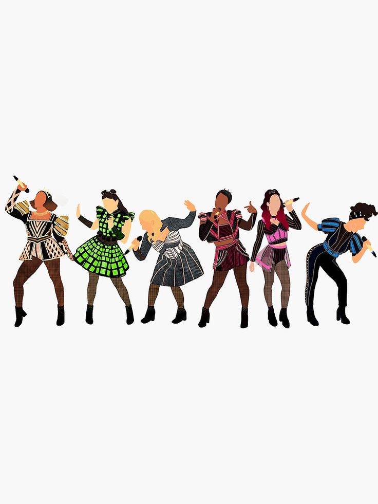 five women dressed in different styles and colors are dancing with their hands up to the side