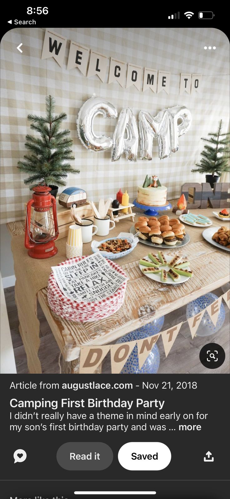 an image of a birthday party with food on the table and welcome to camp sign