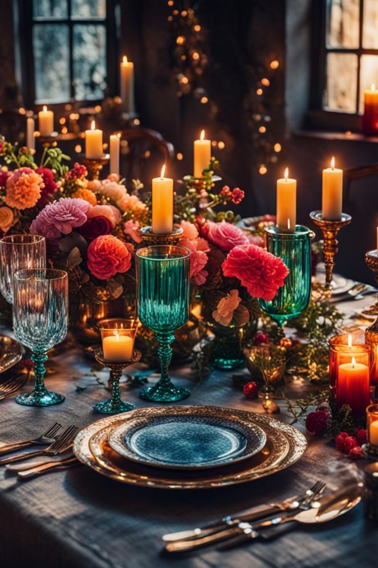 Dinner Party aesthetic Dinner Party Color Palette, Dark And Moody Dinner Party, Jewel Toned Tablescape, Jewel Tone Christmas Table, Jane Austen Dinner Party, Fancy Dinner Table Aesthetic, Jewel Tone Dinner Party, Jewel Tone Asthetics, Birthday Tablescape For Women