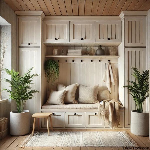 a wooden bench sitting in the middle of a living room next to a potted plant