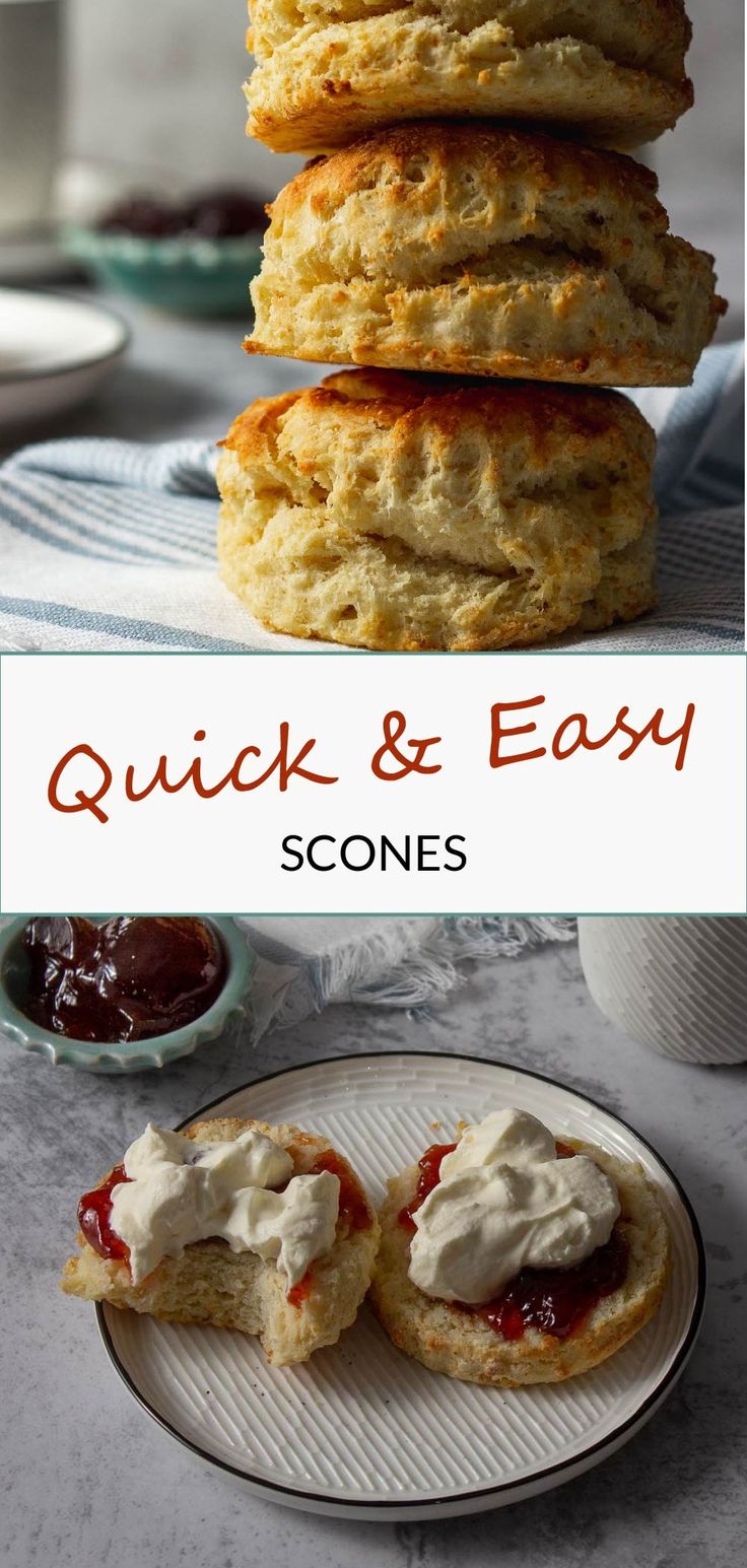 some scones are stacked on top of each other with butter and jelly in the middle