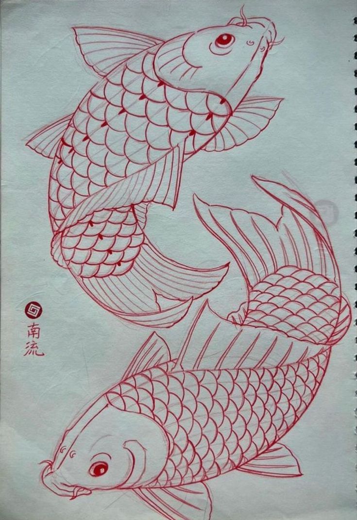 a drawing of two fish in red ink