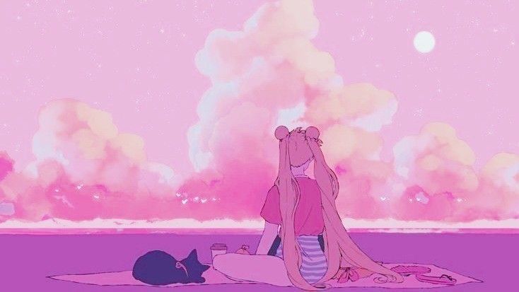 a woman sitting on top of a blanket next to a cat under a pink sky