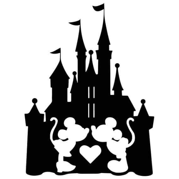 the silhouette of mickey and minnie mouse in front of a castle