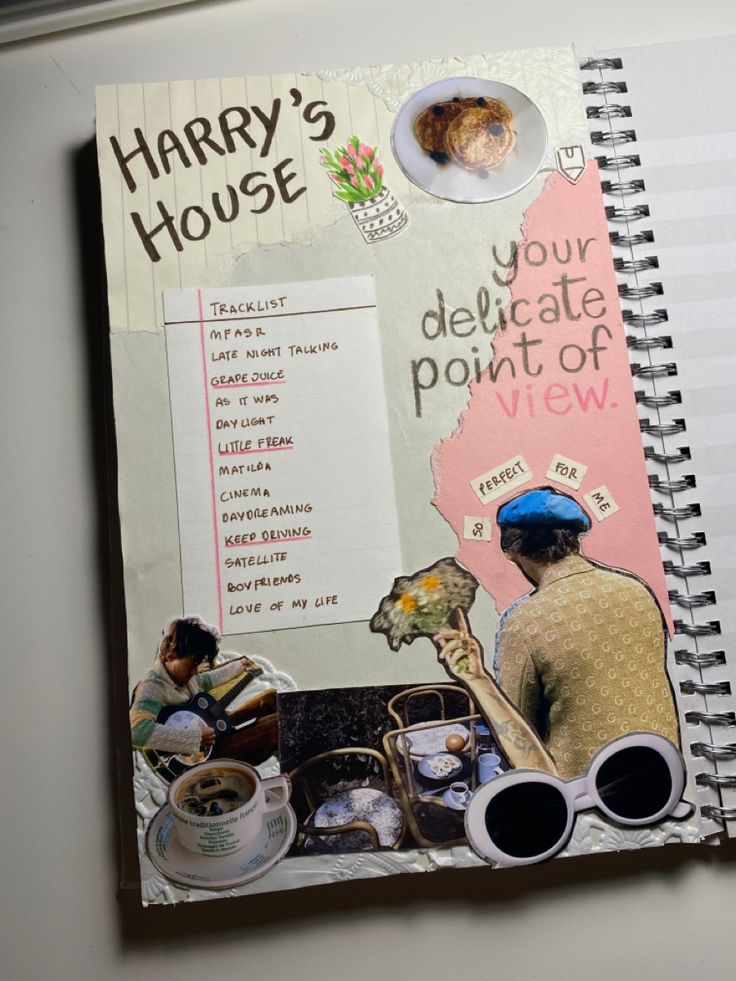 an open notebook with pictures and words on it that says harry's house, your delectable point of view