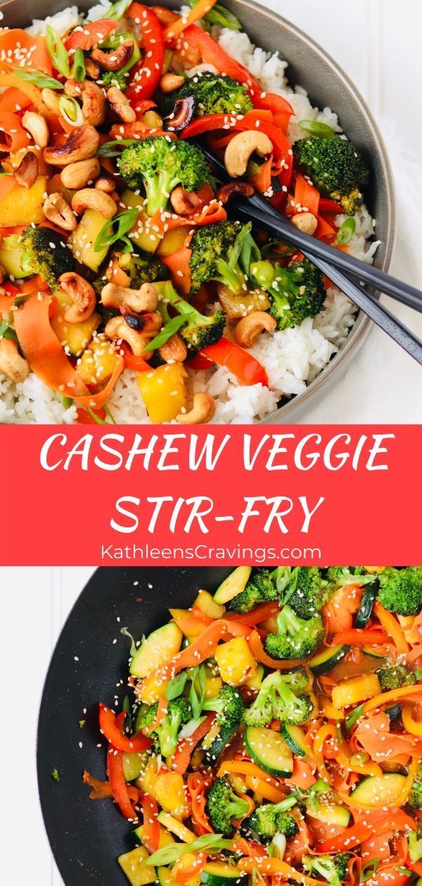 cashew veggie stir fry with rice and broccoli in a pan