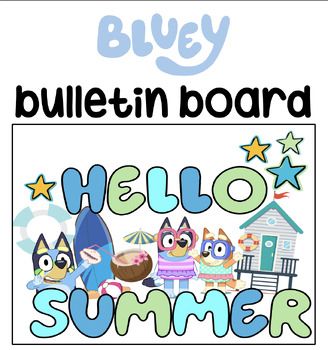 an image of hello summer with the words bulletin board written in blue and green on it