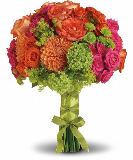 an orange and pink bouquet with green ribbon