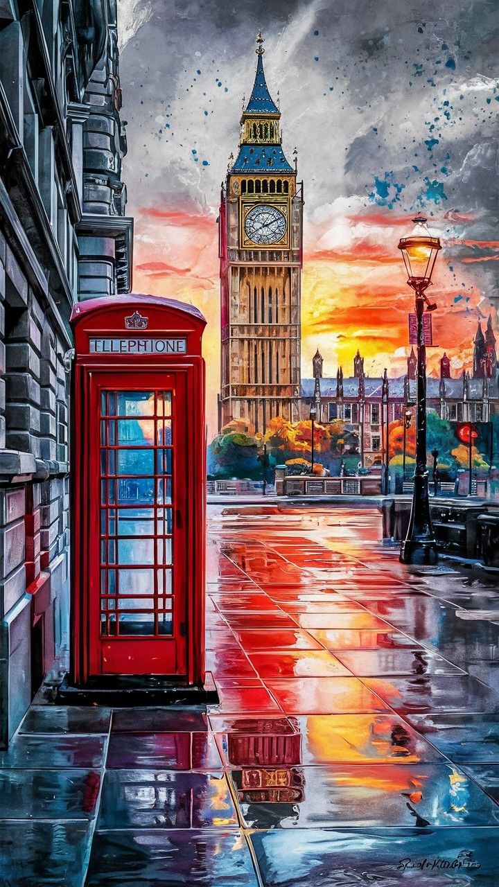 a painting of the big ben clock tower towering over london in the rain at sunset