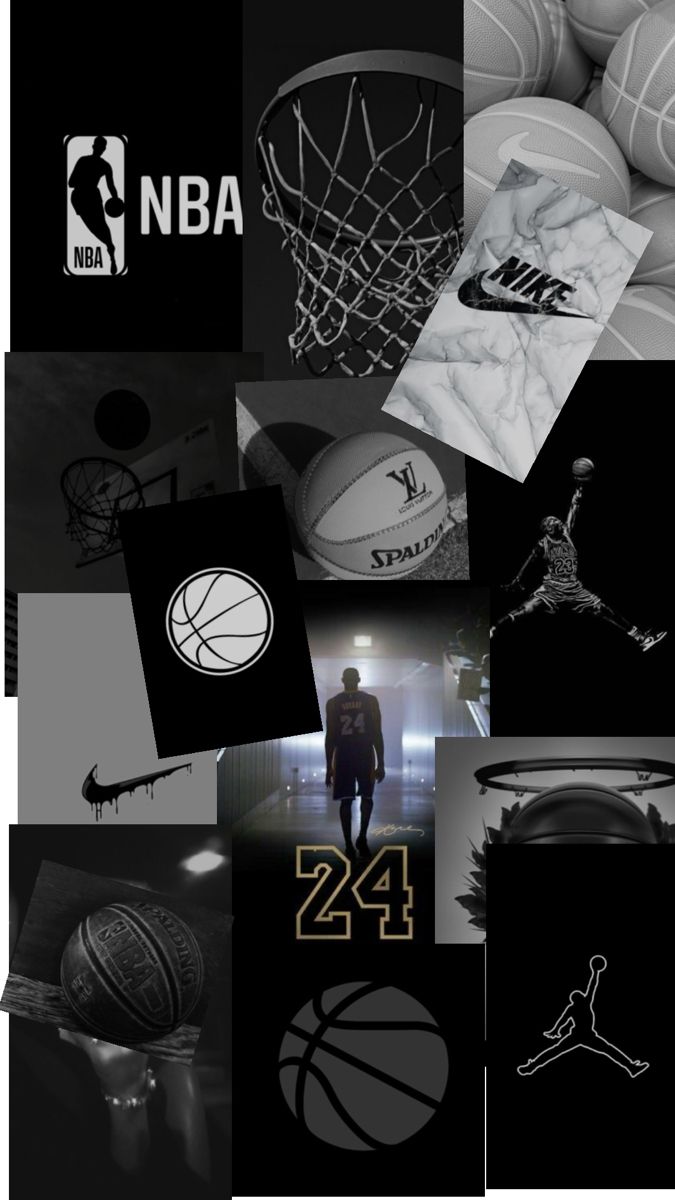 the collage shows basketballs and other sports related items in black and white colors