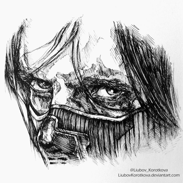 an ink drawing of a man's face with his eyes open and one eye partially closed