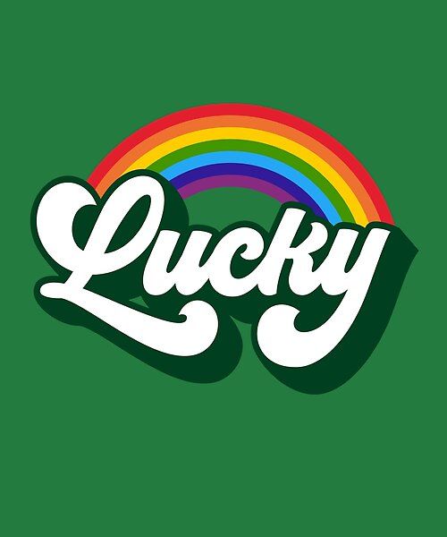 the word lucky in front of a rainbow and green background with white lettering on it