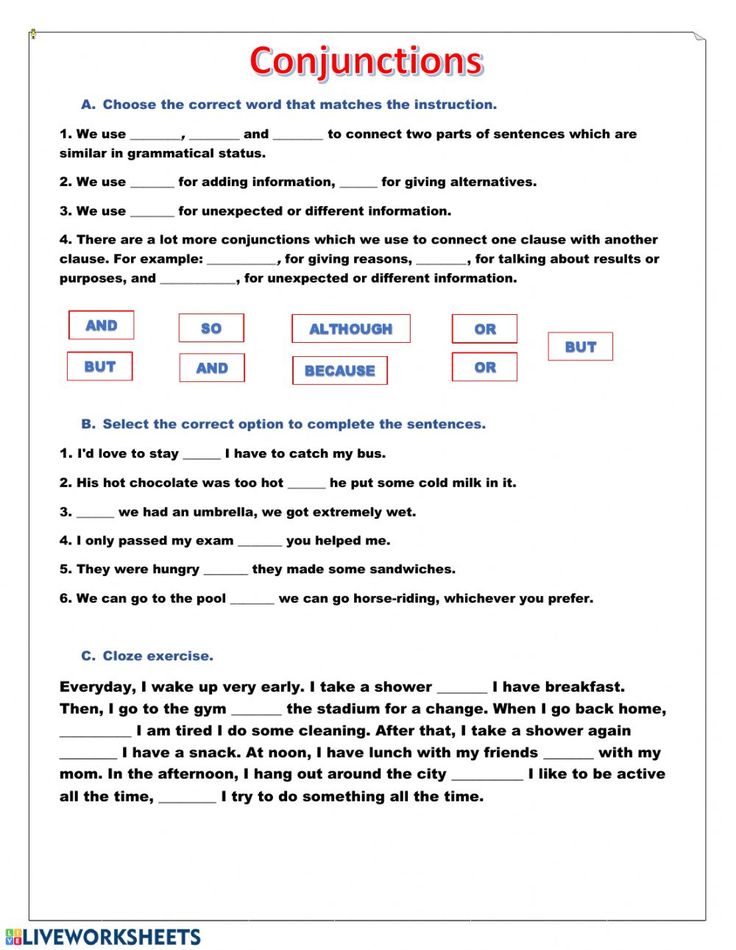 the worksheet for conjunctions is shown in red and blue, with words below it