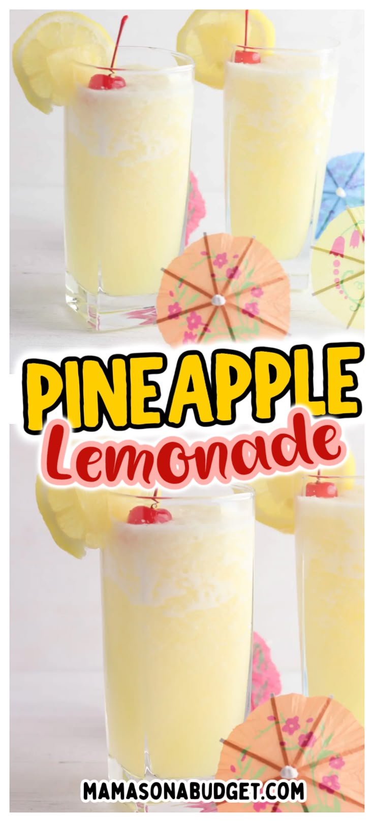 pineapple lemonade in glasses with straws and umbrellas on the rim text reads pineapple lemonade