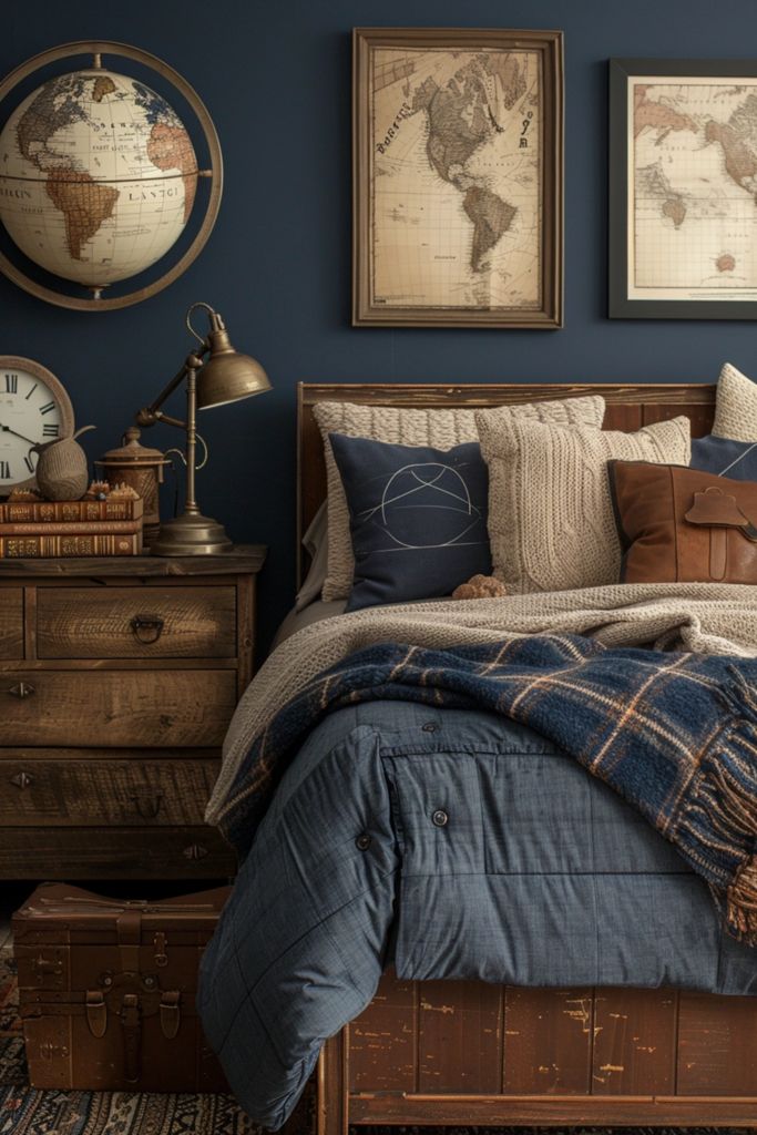 a bedroom with blue walls and pictures on the wall above the bed, along with an antique trunk