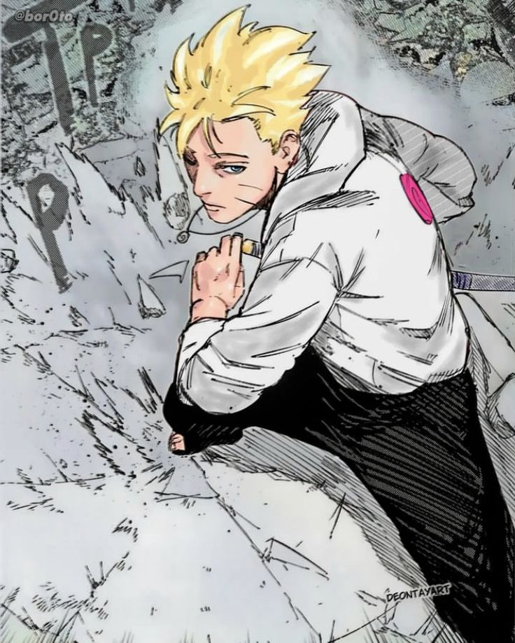 an anime character with blonde hair and black pants, standing in front of snow covered ground