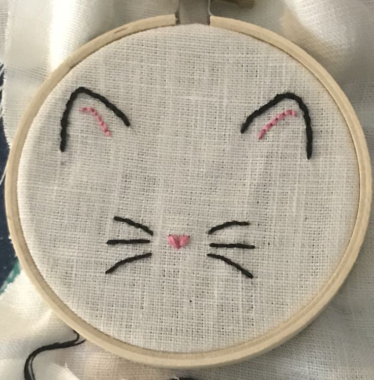 a close up of a cat's face embroidered on a piece of cloth with scissors