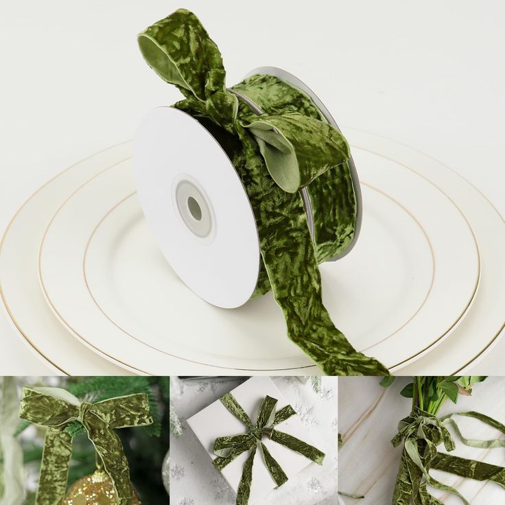 four different pictures of green and white ribbons on plates with gold foiled decorations around them