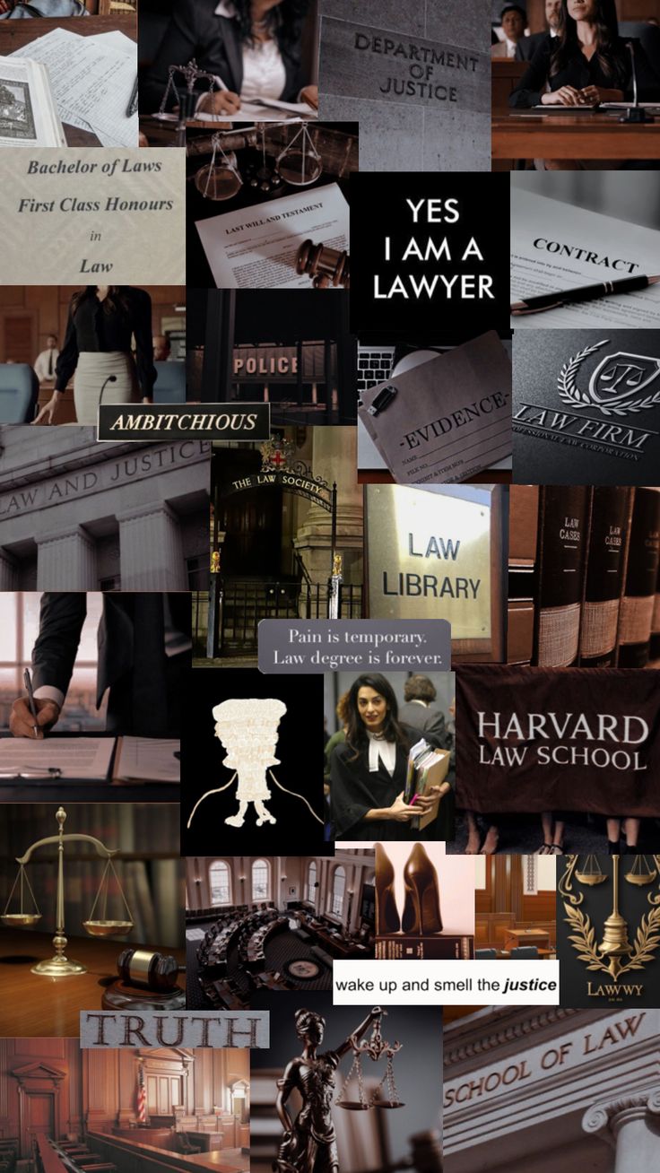 the collage shows many different types of law related items and people in their office