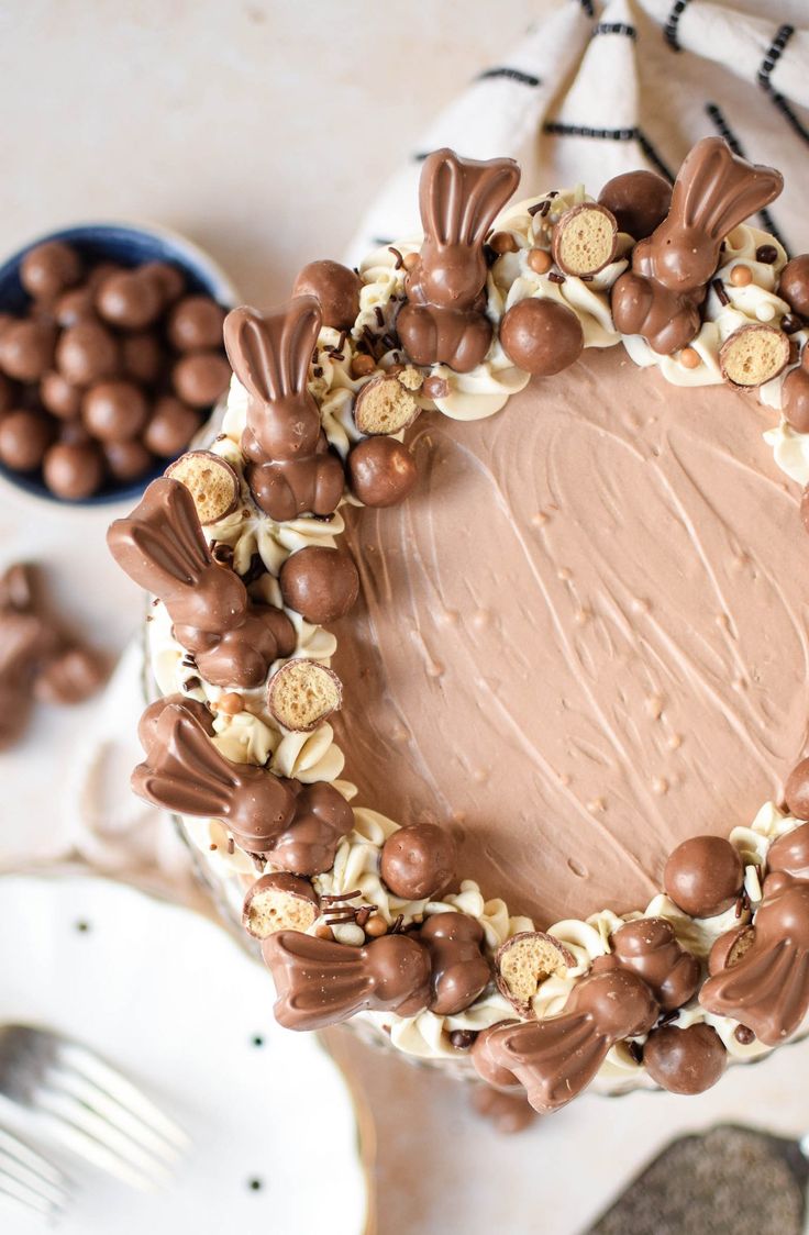 a cake with chocolate frosting and nuts around it