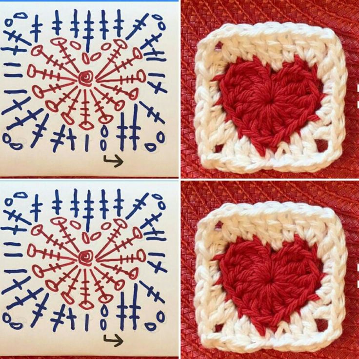 three pictures showing how to crochet a heart in two different squares with the same stitch