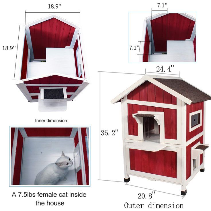 the plans for an outdoor cat house are shown in three different sizes and colors, including red