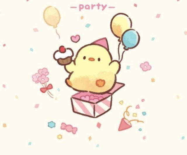 a cute little chick in a box with balloons