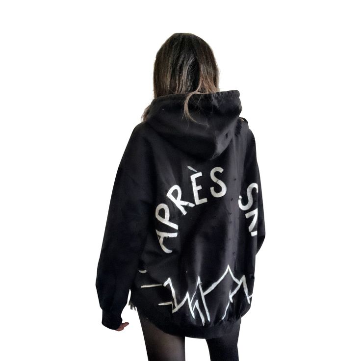 'APRES SKI' PAINTED HOODIE - Wren + Glory Edgy Oversized Hoodie With Letter Print, Oversized Distressed Hoodie For Fall, Oversized Distressed Long Sleeve Hoodie, Oversized Long Sleeve Distressed Hoodie, Oversized Distressed Winter Sweatshirt, Oversized Distressed Sweatshirt For Winter, Edgy Oversized Graphic Print Hoodie, Urban Distressed Hoodie For Fall, Edgy Oversized Hoodie With Graphic Print