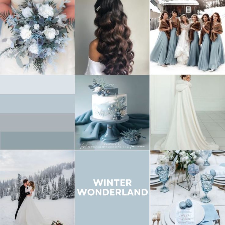 a collage of blue and white wedding colors with winter wonderland in the middle, bride and groom standing next to each other