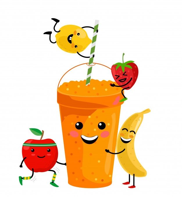 an orange smoothie with strawberries, apples and bananas on the side next to it