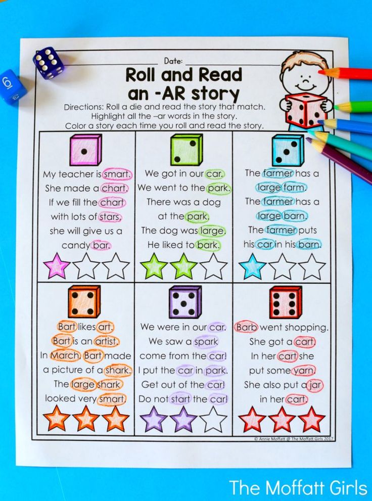 roll and read an ar story with dices, pencils and markers on a blue background