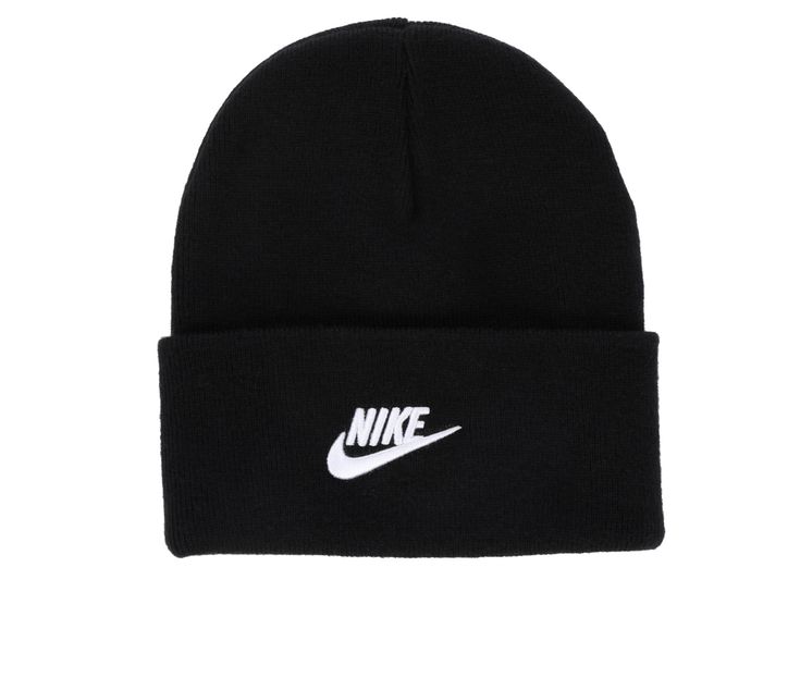 Top off your style with the Nike Youth Peak Futura Beanie! This beanie is all about keeping you cozy while adding a pop of cool to any outfit. With its classic design and snug fit, it's the perfect way to stay warm and look effortlessly fresh. Soft knit fabric, Classic fold-over cuff, One size fits most, Stretchy material, Embroidered NIKE logo | Unisex Nike Youth Peak Futura Beanie in Black/White Casual Sports Hat For Winter, Casual Winter Sports Hat, Casual Winter Beanie Cap, Nike Winter Beanie Hat, Casual Hats For Winter Sports, Winter Streetwear Hats With Letter Print, Trendy Letter Print Beanie For Winter, Casual Beanie For Winter Sports, Trendy Winter Beanie With Letter Print